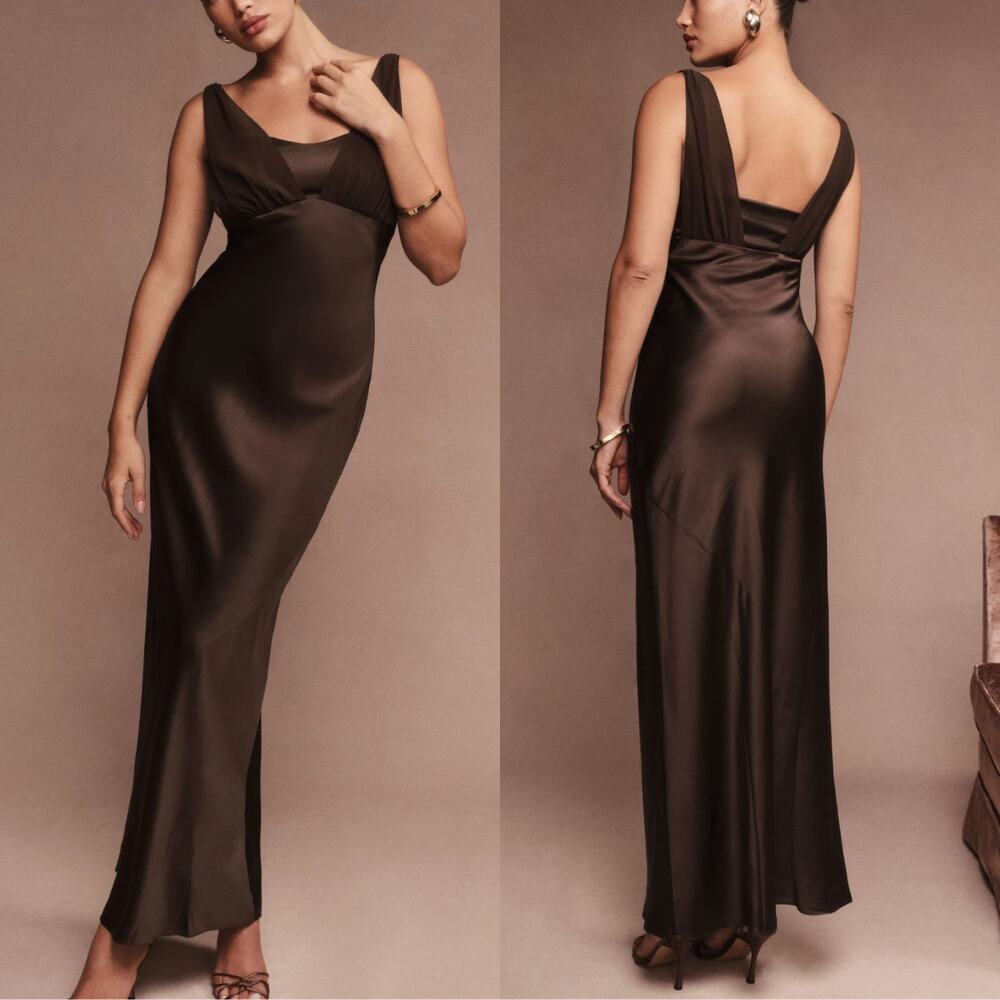 Reformation Lune Silk Maxi Dress NEW Black Bean Brown Mesh Sleeveless Size 4